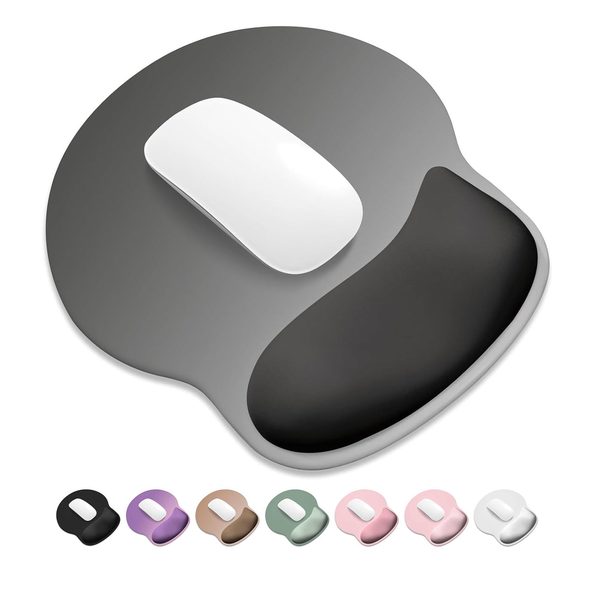 ITNRSIIET Ergonomic Mouse Pad with Wider Memory Foam Wrist Rest +17% - Curved Cushion Reduces Pressure 20%, Pain Relief, Non-Slip, Smooth, Cute Colors, 9.85 x 9 in, White