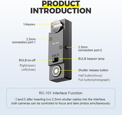 RC101-N3 Camera Shutter Remote Control for Canon R5 R5C 5D4 5D3 6d2 1/4 Screw Fixing Small Release Button Handle Two Cameras in sync Release Button