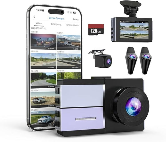 Sprleaf 4-Channel Dash Cam with Front and Rear Cameras, 360° Dashcam,128GB Card Included, 5G Wi-Fi and App Control, Night Vision, WDR, 24-Hour Parking Mode, Collision Detection
