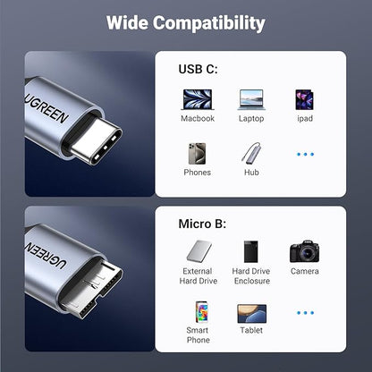 UGREEN 10 Gbps Micro B to USB C Hard Drive Cables, 6.6FT USB C to Micro B, External Hard Drive Cable Compatible with MacBook Pro/Air, iPad/Tablet, iPhone, Samsung Galaxy S24, WD Seagate etc