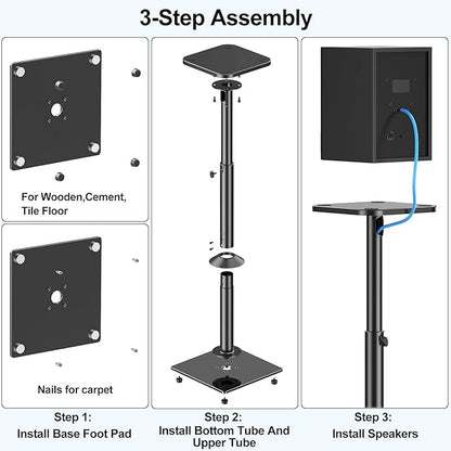 MOUNTUP Universal Speaker Stands Pair 28.3" to 37.4" Height Adjustable Floor Speaker Stands, Holds Bookshelf & Satellite Speaker Large Speaker, Up to 22LBS Cable Concealing 9.8" Plate Black MU9132-L