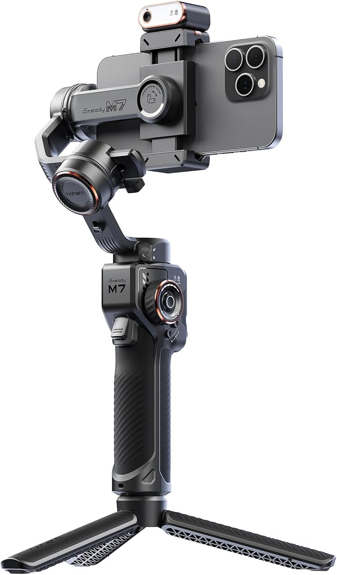 Hohem iSteady M7 Gimbal Stabilizer for Smartphone, 3-Axis Phone Gimbal, Gimbal Stabilizer for iPhone & Android, AI Tracking Sensor with Fill Light, 1.4" Detachable Touchscreen Remote Control