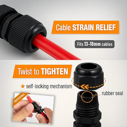 MGI SpeedWare 3/4" NPT Strain Relief Nylon Cord Grip Cable Glands, Black Plastic Grommet 20-Pack