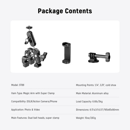NEEWER Super Clamp with 3" Dual Ballhead Magic Arm, Camera Phone Clamp Mount with 1/4" 3/8" Threads, Cold Shoe, Phone Holder, Action Camera Adapter Compatible with GoPro DJI iPhone 16 15 Pro Max, ST88