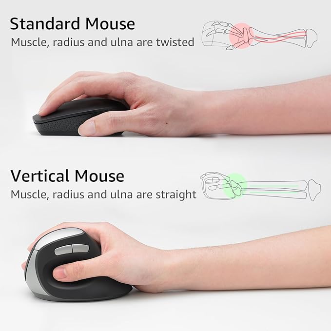Rapoo EV250 Silent Vertical Ergonomic Mouse, 2.4G Wireless Optical Mouse, 800/1000/1200/1600 DPI, Quiet Clicks, 5 Buttons, Compatible with Windows/Mac OS/iPad OS, Laptop, PC - Black