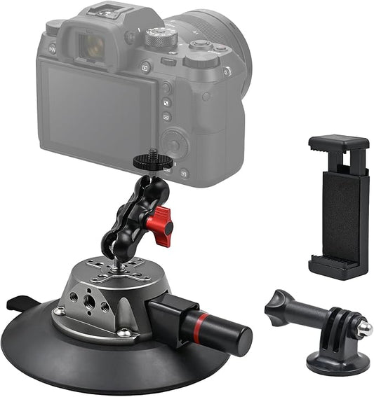 Ouhans 5.9"/15cm Suction Cup Camera Mount with Ball Head Magic Arm, Camera Suction Mount on Car Windshield for DSLR/Action Cameras/Phone Holder, with 1/4" & 3/8" ARRI Holes