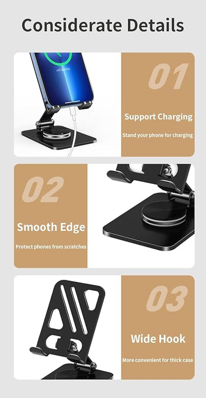 Adjustable Phone Stand with 360 Rotating Base Portable Foldable Carbon Steel Material Desktop Cellphone Stand Fits All Smart Phones-Black