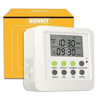 3-in-1 Dual Outlet Timer Plug with Interval Cycle for Indoor, 7 Day 24 Hour Programmable Digital Repeat Timer Switch(15A, 1875W)