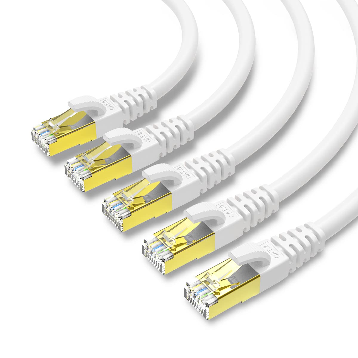 KASIMO CAT 8 Ethernet Cable Shielded SFTP Internet Network Patch Cord, Heavy Duty High Speed LAN Cables w Gold Plated RJ45 Connector Professional for Router, Modem, Gaming(10 Feet, 5 Pack White)