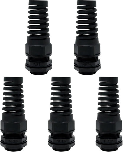 LeMotech 5Pcs NPT 3/4" IP68 Waterproof Cable Gland Flex Spiral Strain Relief Black Nylon Joint with Gaskets for 13-18mm Wire Thread