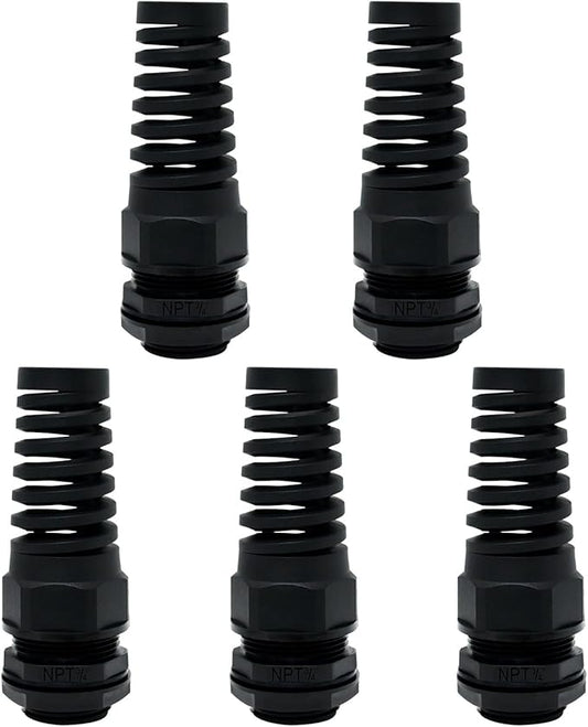 LeMotech 5Pcs NPT 3/4" IP68 Waterproof Cable Gland Flex Spiral Strain Relief Black Nylon Joint with Gaskets for 13-18mm Wire Thread