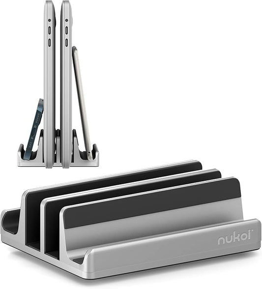 Nukoi Vertical Laptop Stand - SPACEMax Adjustable GRIPLock Anti-Tip Silicone 4 Slots Aluminum Desktop Holder - Double Dock Stand - 2 Phone Slots Fits Up to 17.3” Laptops, Tablets, Phones - Silver