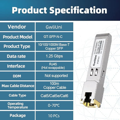 10Pcs 1.25Gbps RJ45 Copper SFP, 10/100/1000Base-T transceiver Module 100m for Switch, Router, Firewall, Network Card, Media Converter etc