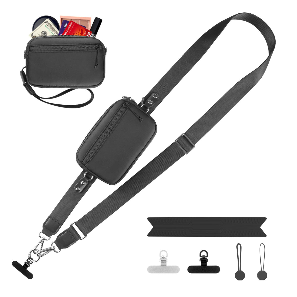 YFWE Clip and Go Strap for Phone with Wallet Crossbody, Adjustable Phone Lanyard with Detachable RFID Wristlet Wallet, Phone Strap with Phone Tabs for All Phones, Black Checkered (M)