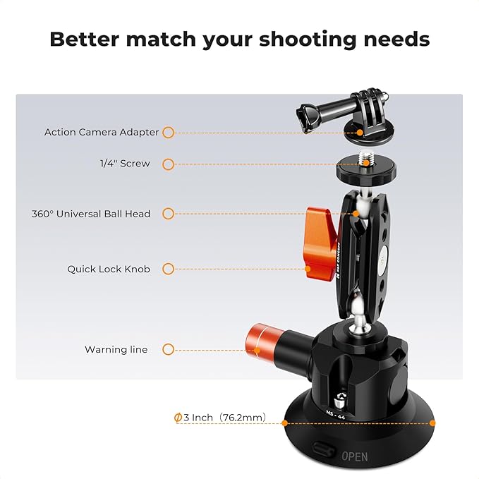 K&F Concept 3" Suction Cup Mount with 360° Double Ball Head Magic Arm, 1/4" Screw Threads, Quick Release Car Mount Compatible with DJI Insta360 for Action Camera Phone Video