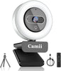 4K Webcam with Light, HD Webcam for PC with Remote Control, Built-in Privacy Cover, Adjustable Brightness, Noise Reduction Mics, for Zoom Skype Teams Laptop and Google Meet