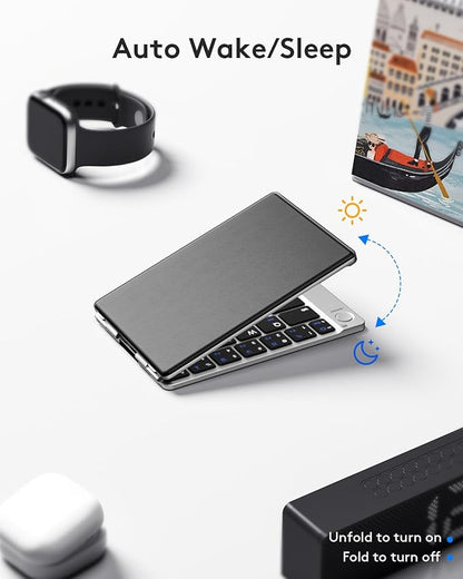 Samsers Foldable Bluetooth Keyboard - Portable Wireless Keyboard with Stand Holder, Rechargeable Full Size Ultra Slim Folding Keyboards Compatible IOS Android Windows Smartphone Tablet & Laptop-Silver