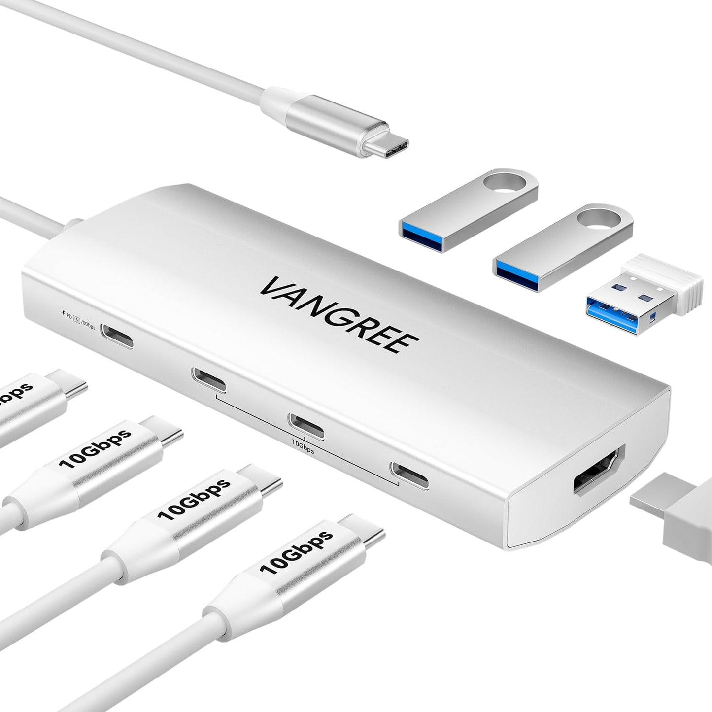 VANGREE USB C Hub 8 in 1, 3 USB-C+3 USB-A 3.2 10Gbps, 4K60Hz HDMI, 100W PD