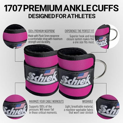 Schiek Sports 1707 Ankle Cuffs - Ideal for Glute Kickbacks and Cable Machine Workouts - Durable and Built To Last