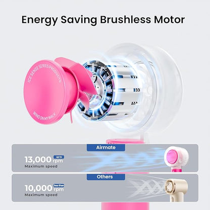 AIRMATE Portable Handheld Fan, 5 Wind Speed Adjustable, 3000mAh Battery Rechargeable, Durable Motor, 13000RPM Super Powerful Wind, Personal Turbo Hand Held Mini fan for Makeup/Travel/Outdoor (Pink)