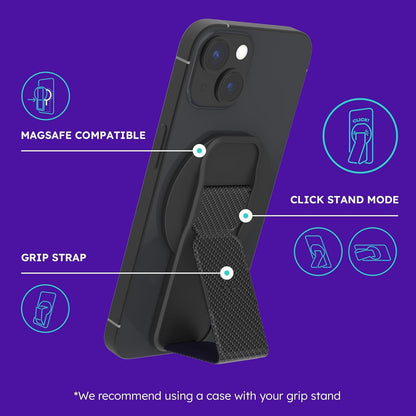 CLCKR for Magsafe Phone Grip, Magnetic Kickstand, 3-in-1 Cell Phone Finger Loop Strap for Mag Safe Case, Ring Holder for iPhone 17/16/15/14/13/12, Samsung Galaxy, Motorola, Pixel Pro & More - Carbon