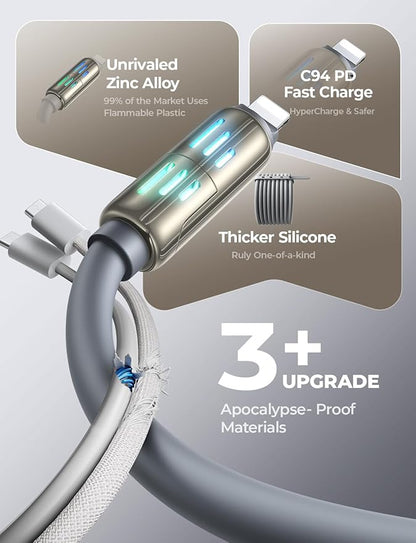 LISEN USB C to Lightning Cable, 240W 4 in 1 Charging Cable 6.6FT, Chubby USB A/C to C/Lightning with Light for iPhone 16e 16 15 14 Pro/MacBook/iPad/Samsung S25/Switch 2, Multi Chargers for All Devices