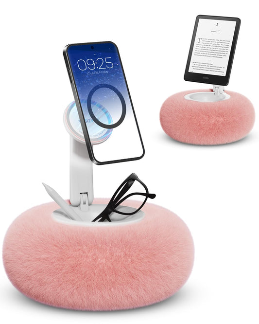 Viozon Phone Holder for Bed, Magnetic Pillow Stand, Compatible with 4-7" Phone/Kindle with Small Storage, Removable Suction Base for Stability, Idea for Kindle Reading and Video Watching On Bed,Grey