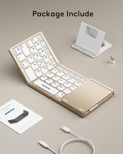 Samsers Multi-Device Foldable Bluetooth Keyboard with Touchpad, Rechargeable Dual-Mode(2.4G+BTx2) Wireless Keyboard with Holder, Portable Folding Keyboards for Android Windows iOS Mac OS - Gold