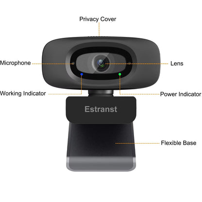 Estranst 2K Quad HD Webcam with Privacy Cover & Noise-Canceling Microphone, Video Web Streaming Camera for PC Computer Desktop Laptop Mac Zoom Teams &More, 1pc USB C Adapter