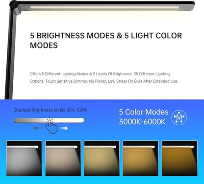 Ambertronix LED Desk Lamp with USB Charging Port, Dimmable Eye-Caring Reading Desk Light for Home, with 5 Brightness Level & 3 Lighting Modes, Touch Control, Auto Timer (Black)