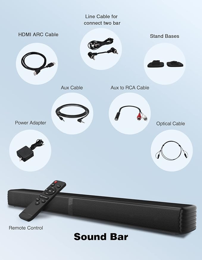 2 in 1 Separable Sound Bar for Smart TV, 2.2 Channel 32Inch Bluetooth 5.0 TV Speaker for Surround Sound System, Built-in Dual Subwoofer, Bass Adjustable, Remote Control Included(Sound Bar)