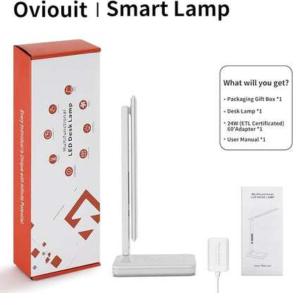 LED Desk Lamp for Home Office, USB Charging Port, Reading Lamp Desk Light with 5 Brightness, 3 Colors, Table Lamp with Clock, Alarm, Date, Temperature, Desk Lamp for College Dorm Room (White)