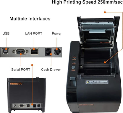 Rongta Thermal Receipt Printer, 80mm Receipt Printers, Thermal Pos Printer with Auto Cutter Support Cash Drawer,USB Serial Ethernet Support ESC/POS, Compatible with Windows/Mac/Linux