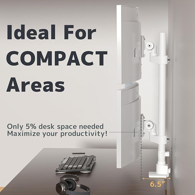 Dual Monitor-Arm Heavy Duty Ultrawide - 24-57 inch Vertical Dual Monitor Mount, Adjustable Stacked Double Monitor Desk Mount Stand, Max Load 59.4 lbs (per Screen), VESA 75/100 mm, White