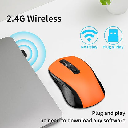 Wireless Mouse Ergonomic, Side Buttons Mouse, 2400 DPI, Silent and Anti Slip Roller Cordless Mice, 2.4Ghz with USB Receiver, 6 Buttons, Suitable for Laptop PC Chromebook and Windows 11/10/7 - Orange