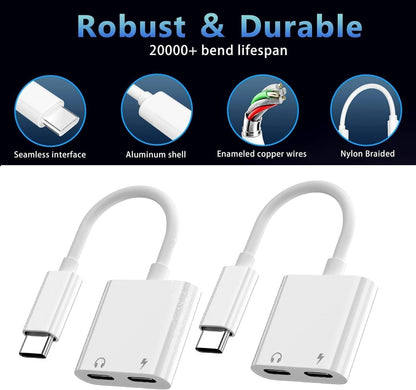 Dual USB C Headphone and Charger Adapter for iPhone 16,Dual USB C AUX + Charger Dongle Splitter Adapter Compatible with iPhone 16/16 Pro/16 Pro Max/15/15Pro/15Pro Max Support Call+Charging( 2Pack)