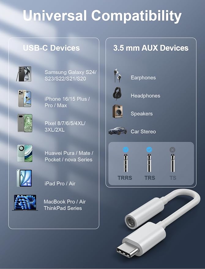USB-C to 3.5mm Audio Headphone Adapter - HiFi 50 Pack Compatible with Apple iPhone 16 15 Samsung Galaxy S25 S24 S23 S22 S21 Plus Pro Max Ultra Pixel iPad - Type C to Aux Cord Jack Dongle Adapter