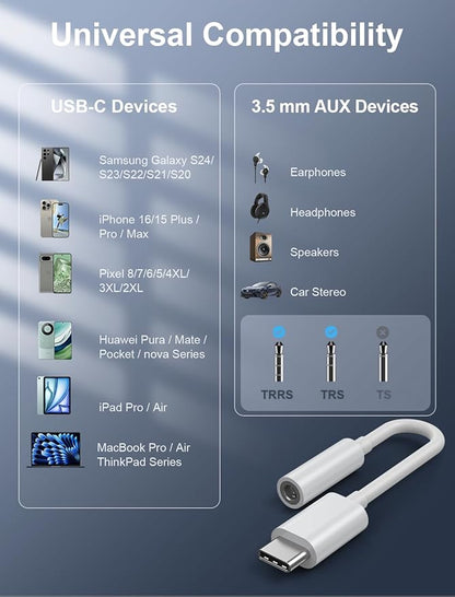USB-C to 3.5mm Audio Headphone Adapter - HiFi 500 Pack Compatible with Apple iPhone 16 15 Samsung Galaxy S25 S24 S23 S22 S21 Plus Pro Max Ultra Pixel iPad - Type C to Aux Cord Jack Dongle Adapter