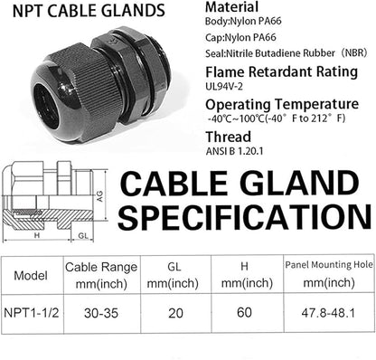 Cable Glands-PENGLIN 1-1/2" NPT Nylon Cable Connector, Strain Relief Cord Connector, IP68 Waterproof Adjustable Locknut(1-1/2 Inch (10-Pack))