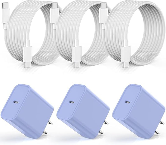 Apple iPhone 16 15 Charger Fast Charging [Apple MFi Certified]3Pack 20W USB Type C Charging Block with Long 6 FT Fast Charging Cable for iPhone 16/16 Pro/Pro Max,iPhone 15/15 Pro Max/Plus/iPad(Purple)