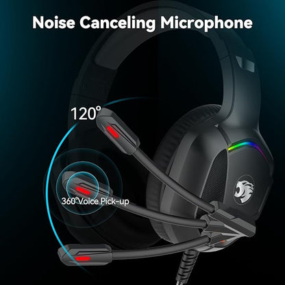 Gaming Headset with Microphone for Pc, Xbox One Series X/s, Ps4, Ps5, Switch, Stereo Wired Noise Cancelling Over-Ear Headphones with Mic, RGB, for Computer, Laptop, Mac, Nintendo, Gamer (Black)