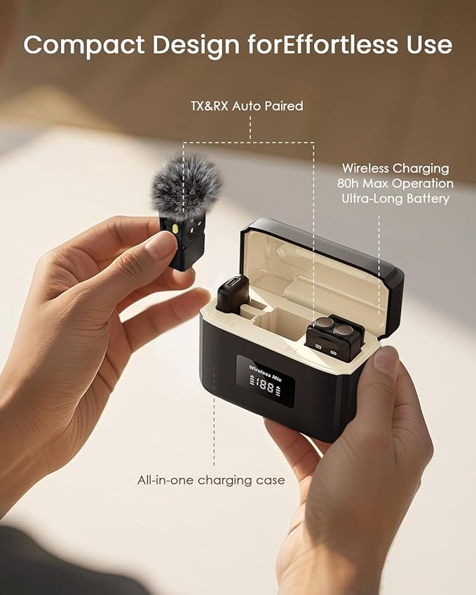 PQRQP Microphone for iPhone/iPad/Android, Mini Microphone with Noise Cancellation, 164ft Transmission, 80H Battery Life with Charging Case, Clip-On Wireless Microphones for YouTube, TikTok, Recording