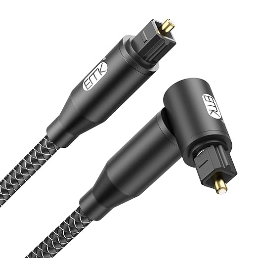 EMK 90 Degree Right Angle Optical Audio Cable [5ft/1.5M] - 360° Rotatable Digital Toslink SPDIF Cable for Soundbar to TV, Home Theater - Black Fiber Optic Cable with Angled Connector