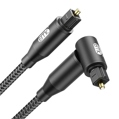 EMK 90 Degree Right Angle Optical Audio Cable [5ft/1.5M] - 360° Rotatable Digital Toslink SPDIF Cable for Soundbar to TV, Home Theater - Black Fiber Optic Cable with Angled Connector