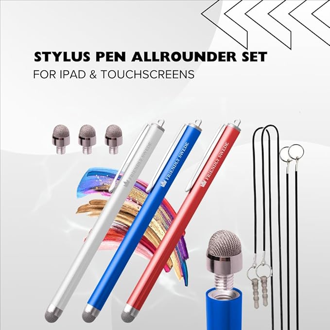 The Friendly Swede Mesh Tip Stylus Pen for Touchscreen — 3-Pack Micro-Knit Capacitive Stylus Pen for iPad & iPhone with 3 Replaceable Fiber Tips, Elastic Lanyards & Screen Cleaning Cloth