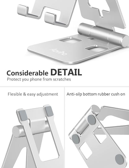 Cell Phone Stand for Desk, Adjustable Desktop Phone Holder Stand, Foldable Moblie Phone Dock for iPhone 15 14 13 12 11 Pro Xs Max Xr X 8 7 6 5 5s SE Nintendo Switch All Phones, Silver