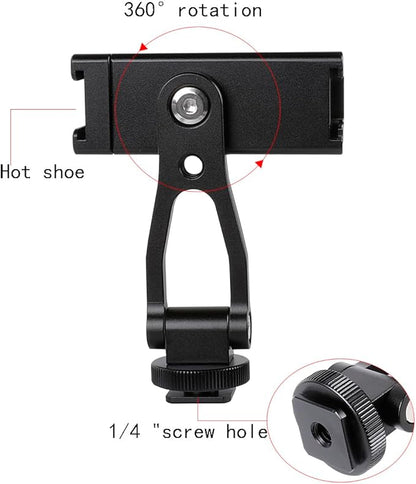 Aluminium Alloy Phone Tripod Mount, Universal Cell Phone Mount Adapter with 2 Cold Shoe Mount for Horizontal and Vertical Shooting, Compatible with iPhone, Pixel, Samsung Galaxy and All Phones