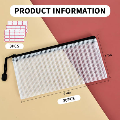Vuzvuv 30pcs 9.1"x 4.5" Mesh Zipper Pouch Zipper Bags, Zipper Case Pouch Bulk, Mesh Bag for File, Makeup, Board Game Office Home Travel Storage