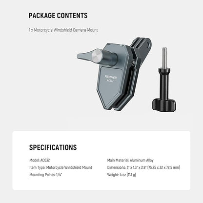 NEEWER Motorcycle Windshield Action Camera Clamp Mount, Aluminum Alloy Clip with 3 Prong Adapter & 1/4" Screw Hole Compatible with GoPro Hero 13 12 DJI Adapters for POV Video Recording, AC032