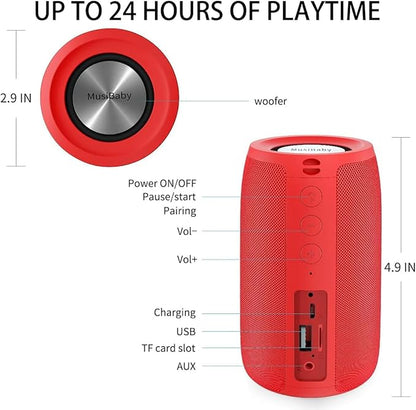 Bluetooth Speaker,MusiBaby Wireless,Outdoor, Waterproof,Portable Speaker,Dual Pairing, Bluetooth 5.0,Loud Stereo,Booming Bass,24H Playtime for Home&Party,Gifts(Pure Red)